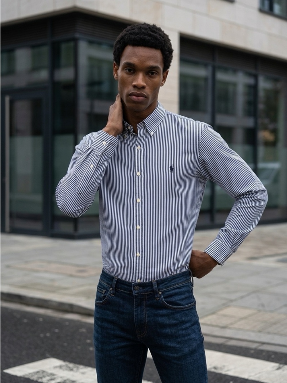 Ralph Lauren Navy and White Striped Button-Down Shirt, Classic Fit, 16 ½ 32/33